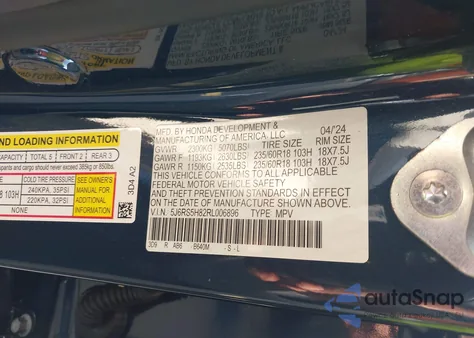 2024 Honda Cr-V Hybrid Sport-L из США, поврежденный, VIN 5J6RS5H82RL006896